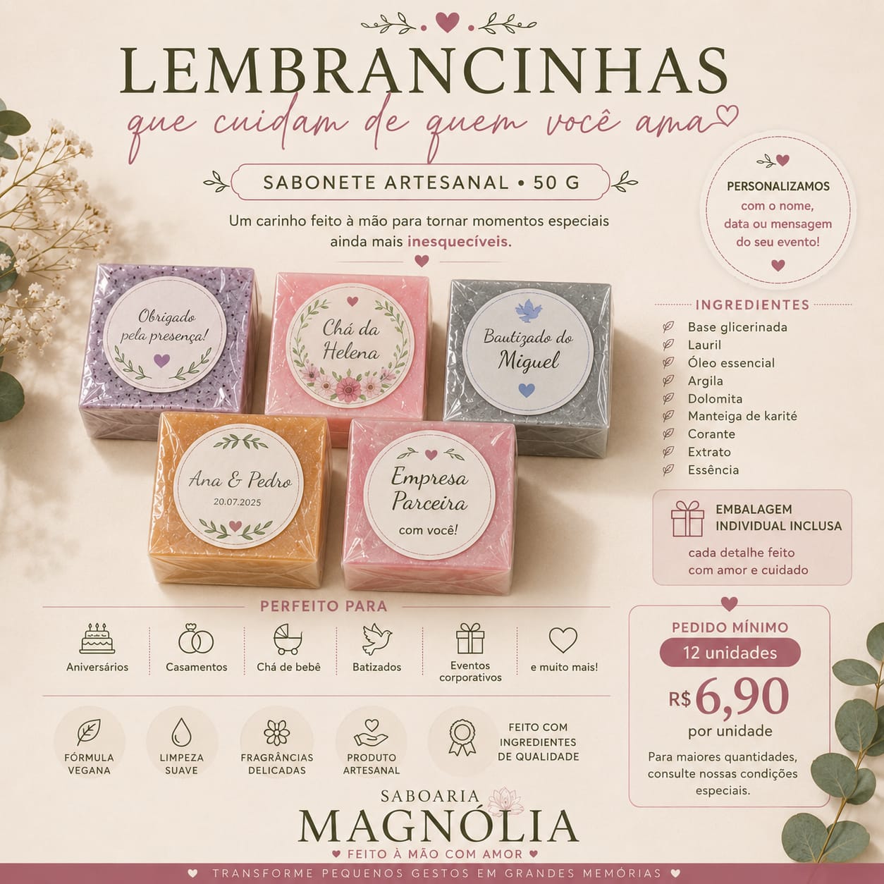 Lembrancinha Personalizada - Sabonete de Argila Verde, alecrim e hortelã-pimenta