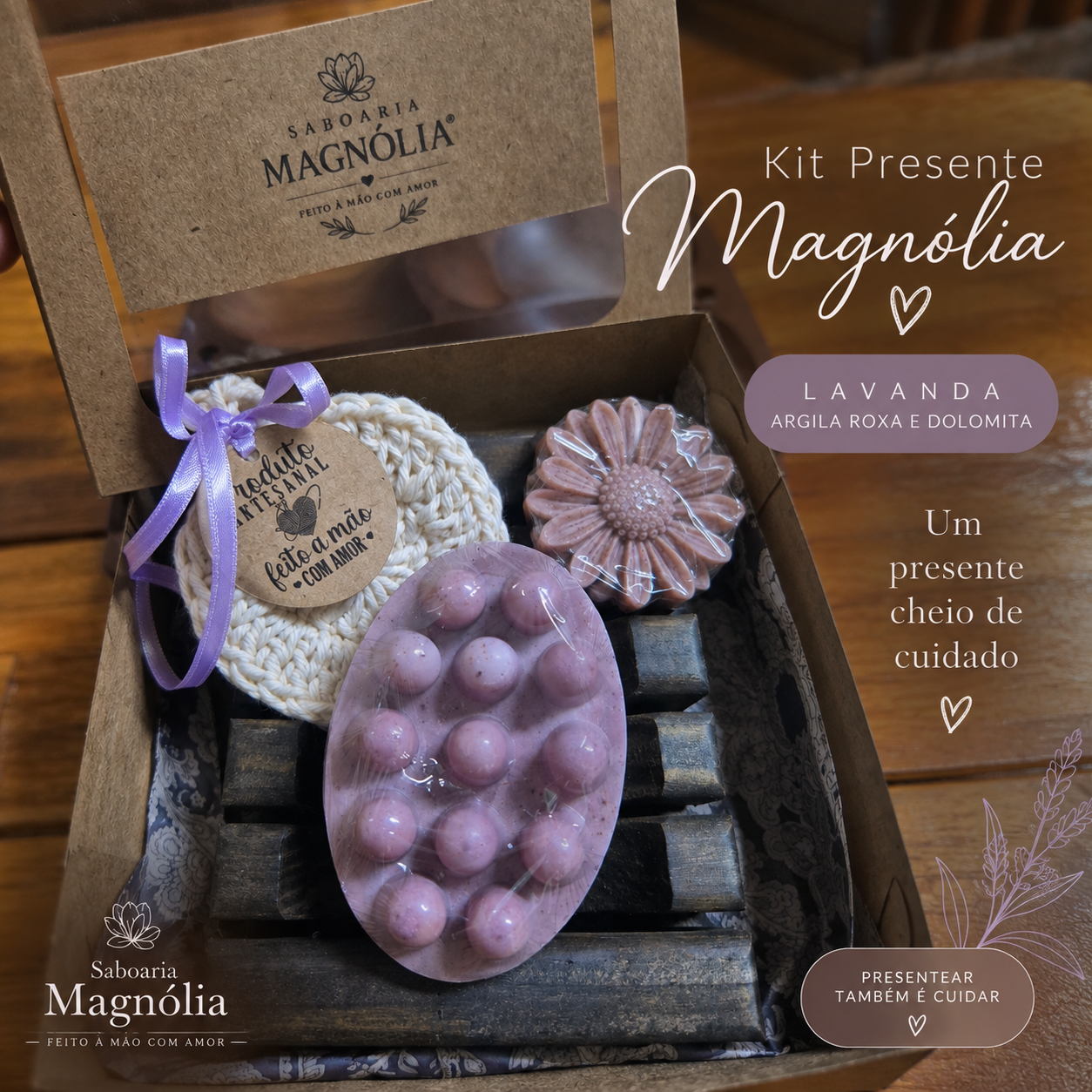 Kit Presente Magnólia - sabonete massageador + ecopad + saboneteira